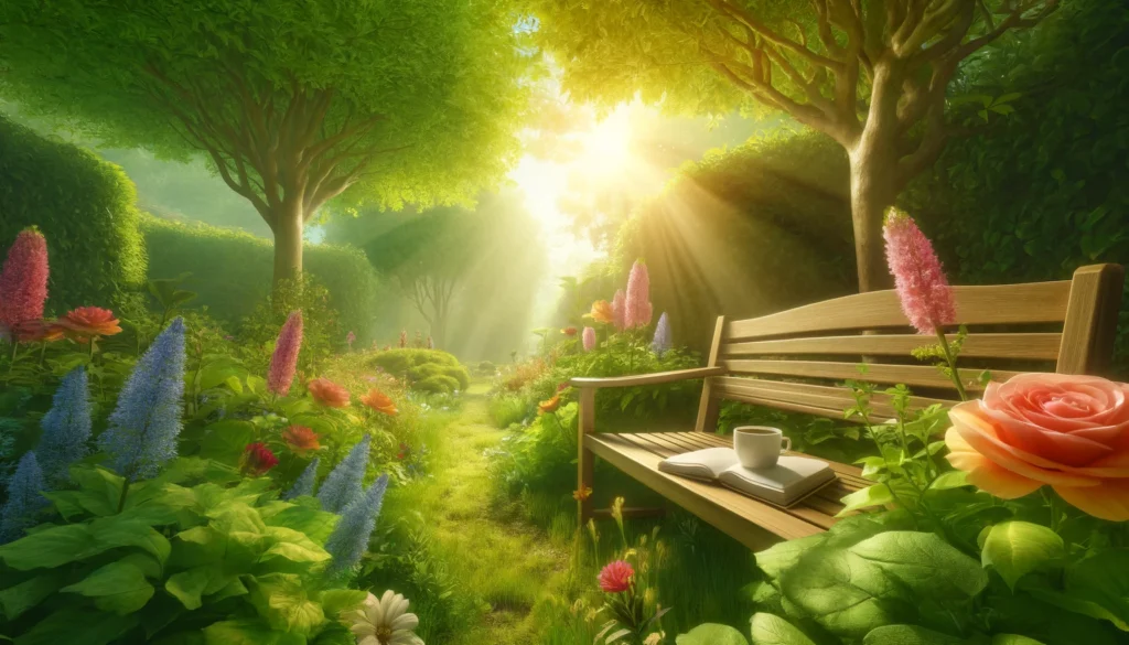 A peaceful morning garden featuring a wooden bench surrounded by lush green foliage and colorful flowers. Gentle sunlight streams through the trees, illuminating a cup of tea and an open book resting on the bench, symbolizing relaxation and natural remedies for combating daytime drowsiness.