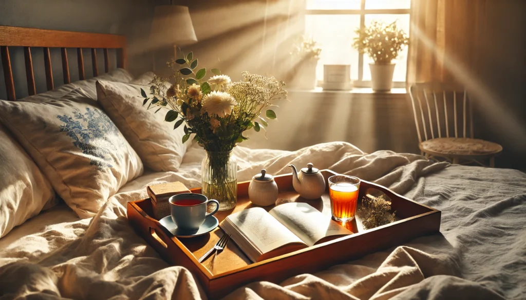 A tranquil morning scene with sunlight streaming through a window onto a breakfast tray placed on a bed. The tray holds a cup of tea, a book, and a small vase with fresh flowers, creating a serene and calming start to the day.