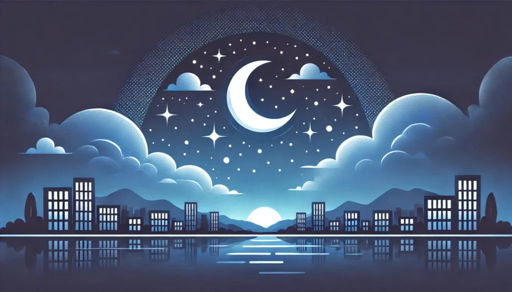 A calm night sky with stars and a crescent moon above a quiet cityscape, symbolizing the importance of rest and recovery. The serene atmosphere contrasts with distant city lights, reflecting on the aftermath of an all-nighter.