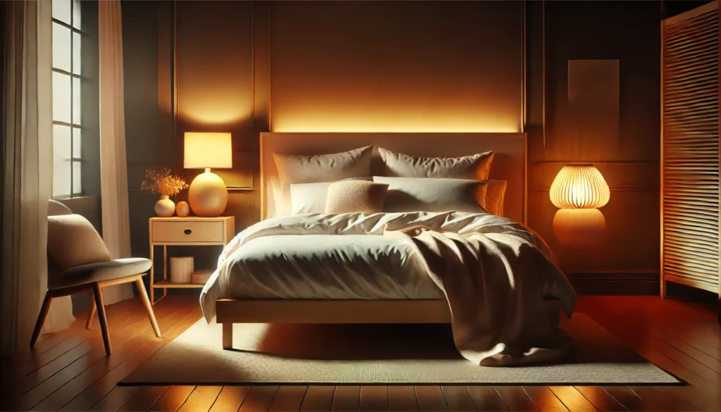 A serene nighttime bedroom setup showcasing a warm and inviting sleep environment. The scene features a modern, minimalist aesthetic with a comfortable bed, plush pillows, a soft duvet, and a wooden bedside table with a glowing warm-toned lamp. The tranquil ambiance is enhanced by soft lighting and a clean, uncluttered space, emphasizing relaxation and peaceful sleep.