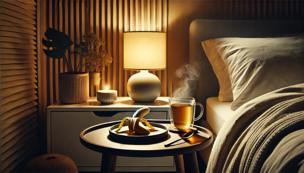 A calming bedroom scene at night featuring a bedside table with a plate holding a banana, a steaming cup of chamomile tea, and a dimly glowing lamp, surrounded by soft and cozy lighting that promotes relaxation.