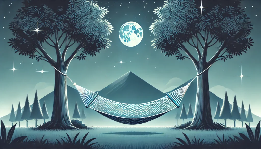 A tranquil outdoor scene with a hammock suspended between two trees under a starry night sky, softly illuminated by moonlight, symbolizing relaxation and quality rest.