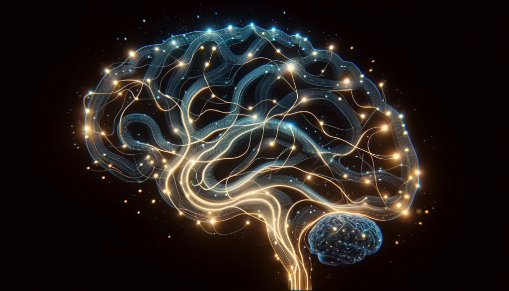 A minimalist conceptual visualization of serotonin pathways in the brain, depicted as glowing interwoven lines of light in blue and golden hues against a dark background. The design represents serotonin's vital role in regulating sleep and mood, entirely free of text or overlays.