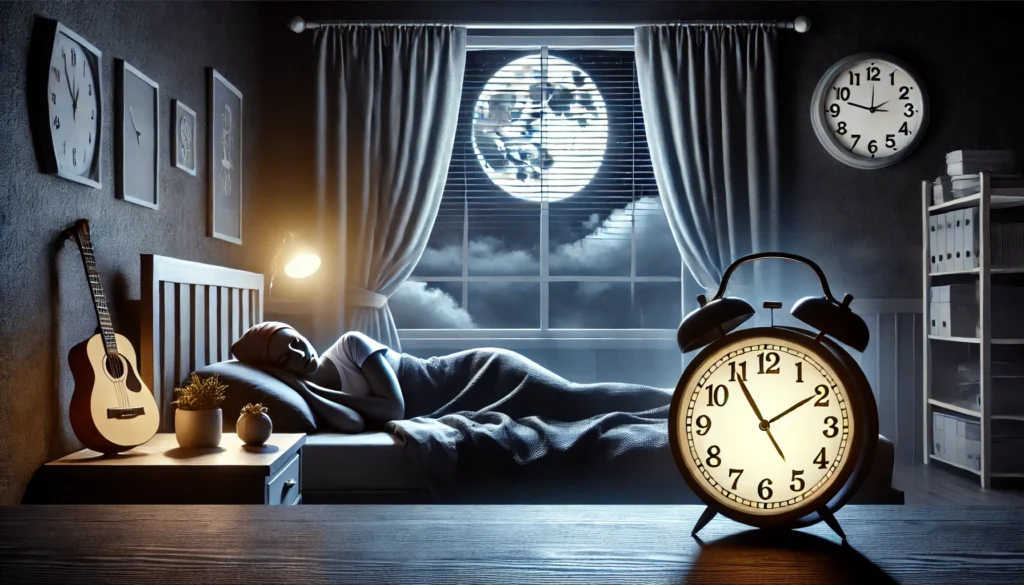 A serene portrayal of a worker resting in bed during the day, featuring a darkened room with blackout curtains and a glowing alarm clock. The image emphasizes the challenges and adaptations required for irregular sleep schedules.