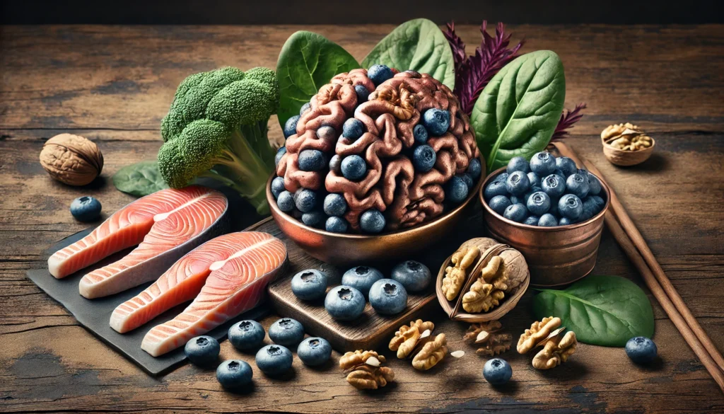 A realistic still life composition featuring memory-boosting foods like blueberries, walnuts, salmon, and leafy greens, supporting good memory and brain health.