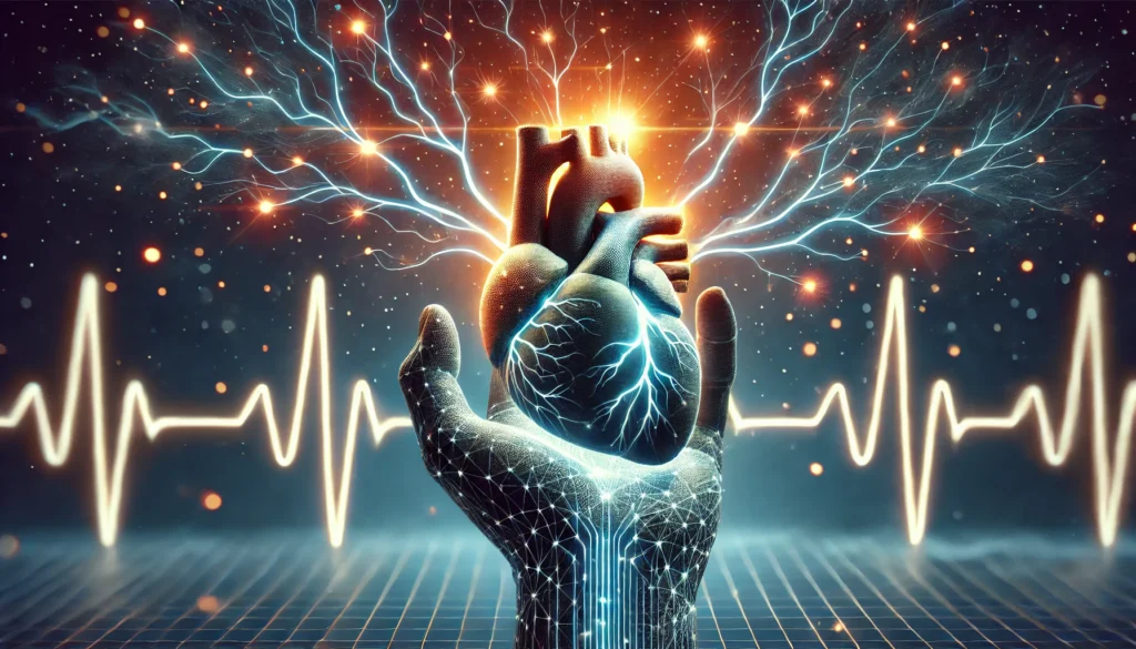 A futuristic digital illustration representing the effects of sleep deprivation on cardiovascular health, featuring a human heart linked to glowing neural circuits against a background of sleep-wave patterns.