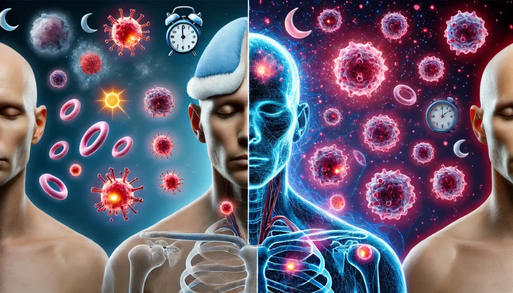 A conceptual image showing one side with a well-rested person whose strong, glowing immune cells actively target and destroy cancerous cells, while the other side depicts a sleep-deprived individual with weak, ineffective immune cells allowing cancer cells to grow, illustrating how lack of sleep weakens immune defense against cancer. No text or symbols are present in the image.