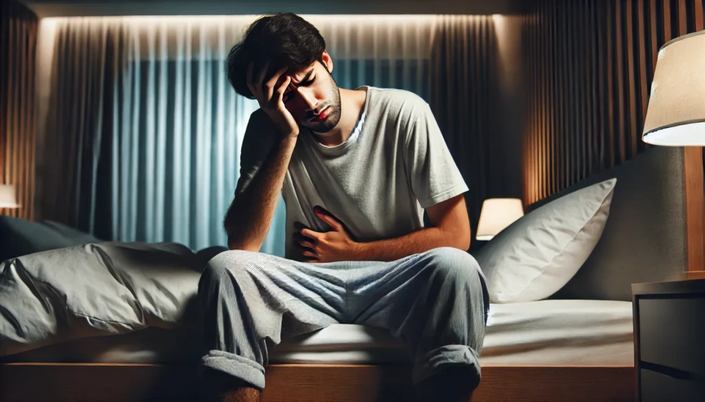 A fatigued person sitting on the edge of a bed in a dimly lit bedroom, holding their head in one hand and clutching their stomach with the other. Their expression conveys exhaustion and discomfort, illustrating the effects of sleep deprivation on physical well-being.