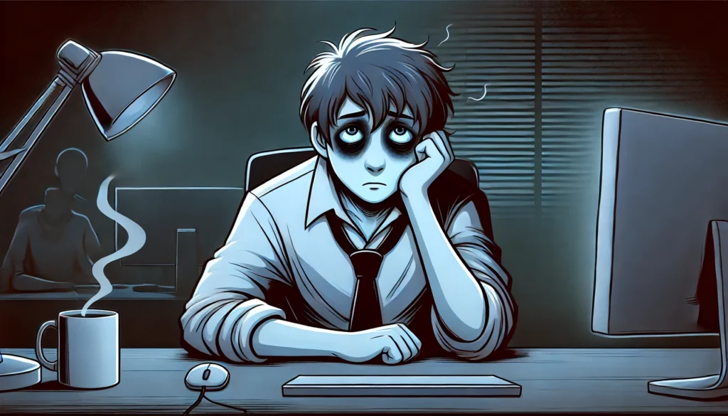 A tired individual sitting at a desk, struggling to stay awake with dark circles under their eyes. The dimly lit room and glowing computer screen emphasize the exhaustion caused by chronic sleep loss and overwork.