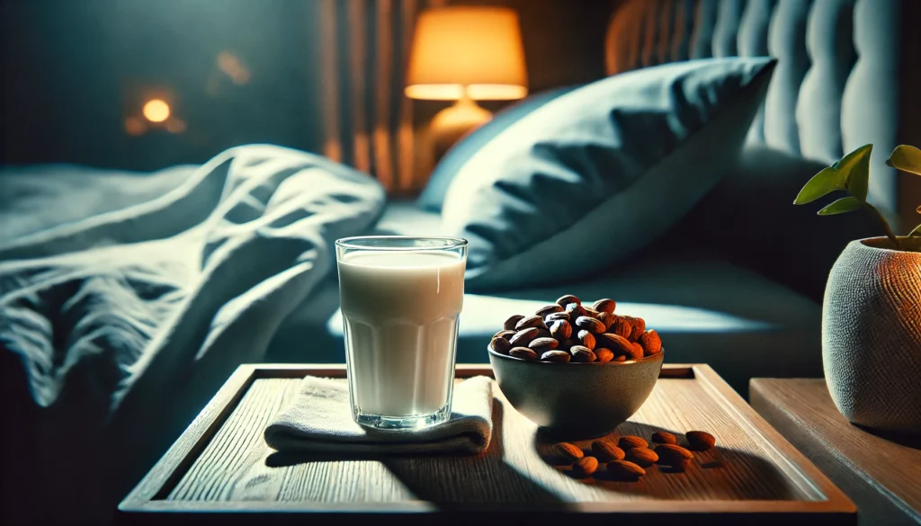 A serene night-time scene showcasing a glass of warm milk and a bowl of nuts on a bedside table, symbolizing sleep-friendly snacks. The calm ambiance with dim lighting and a cozy bedroom environment promotes relaxation before sleep.