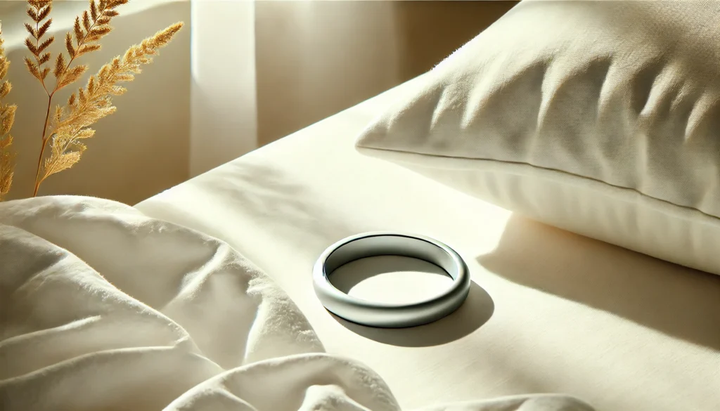 A close-up of a sleep ring placed on soft, white sheets, illuminated by gentle morning light, showcasing a peaceful and minimalist design.