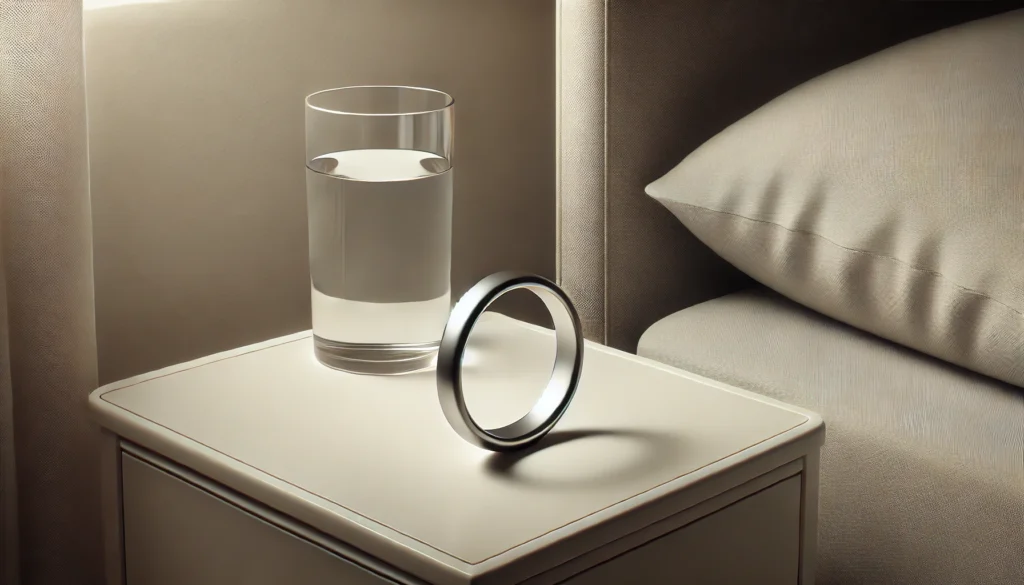 Modern sleep ring on a bedside table with a glass of water, surrounded by a soft, neutral-toned background. The image conveys a calming, minimalist aesthetic.