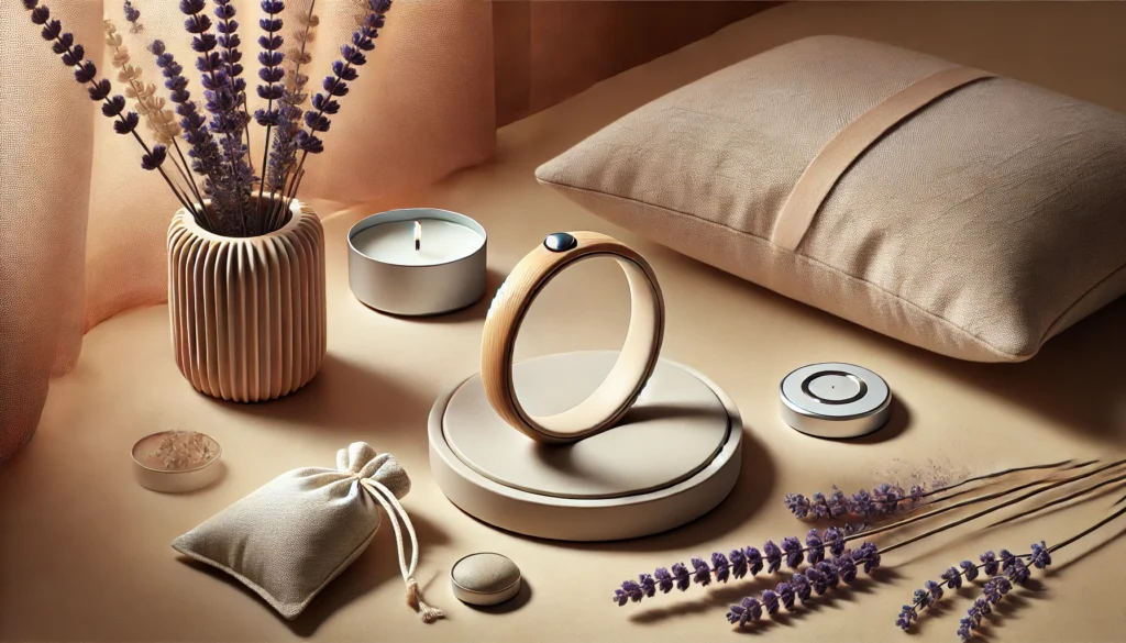 A sleek sleep ring displayed on a smooth wooden surface, accompanied by a lavender sachet, a small candle, and a neutral-toned background, evoking relaxation and wellness.