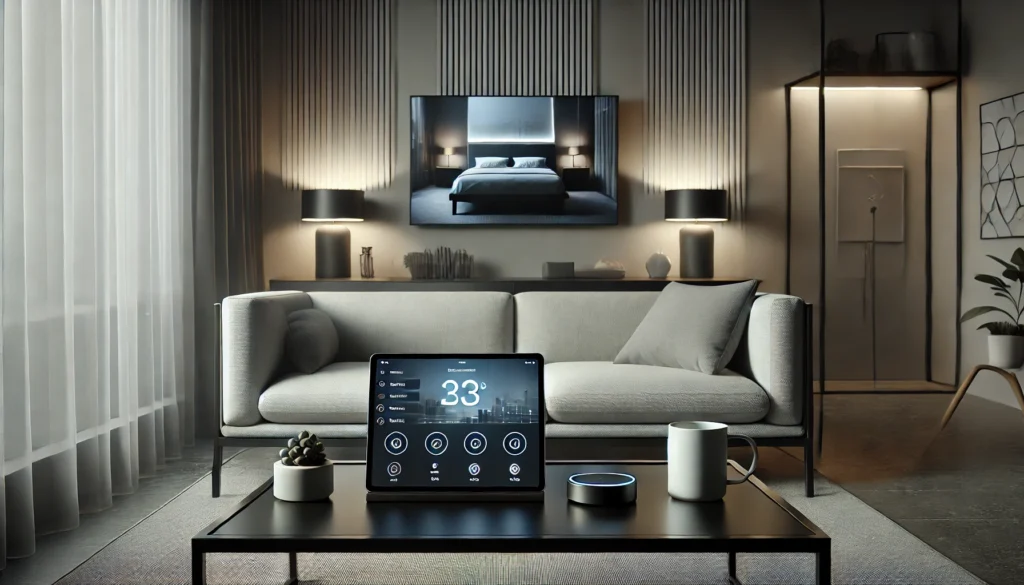 A modern living room featuring a sleek tablet displaying a smart home system integrated with sleep optimization features. The minimalist design and soft lighting create a restful and sophisticated ambiance.