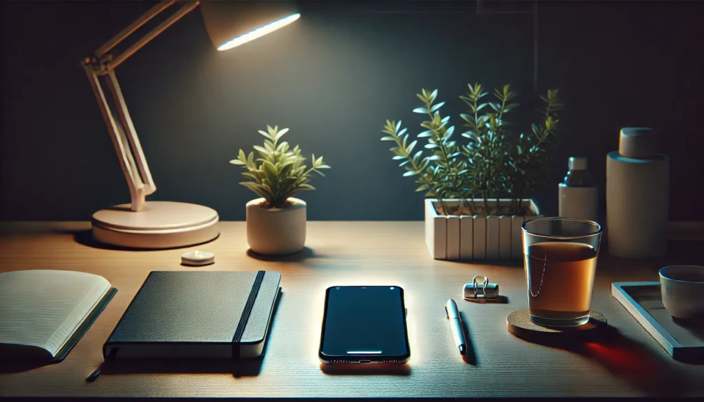 A minimalist home office at night with a glowing smartphone on a desk surrounded by a potted plant, a notebook, and a cup of tea. The serene setup highlights the use of technology for health and sleep tracking.