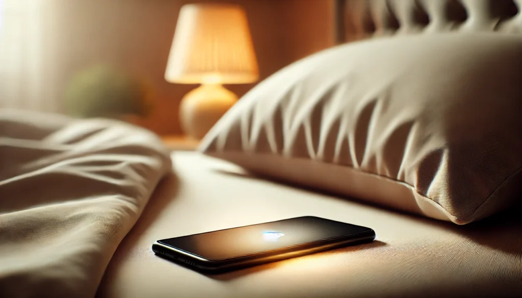 A smartphone glowing softly on neutral-toned bedding, implying the Shut Eye App. The background features a blurred bedside lamp casting a warm, calming light.