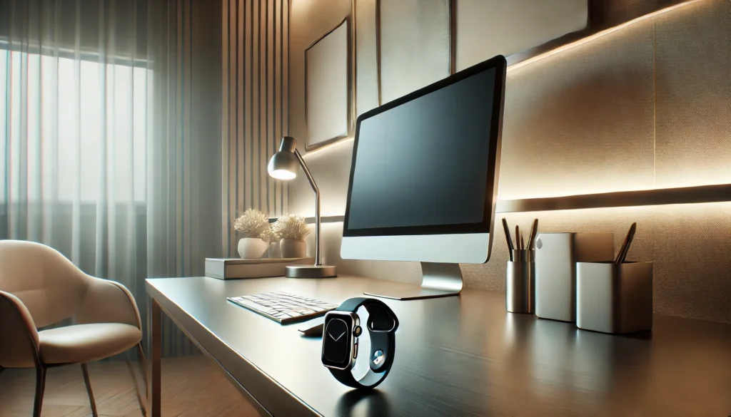 A sleek and futuristic workspace featuring a smartwatch on a modern desk, with ambient lighting and minimalist decor. The blank computer screen ensures flexibility in the serene and organized setting.