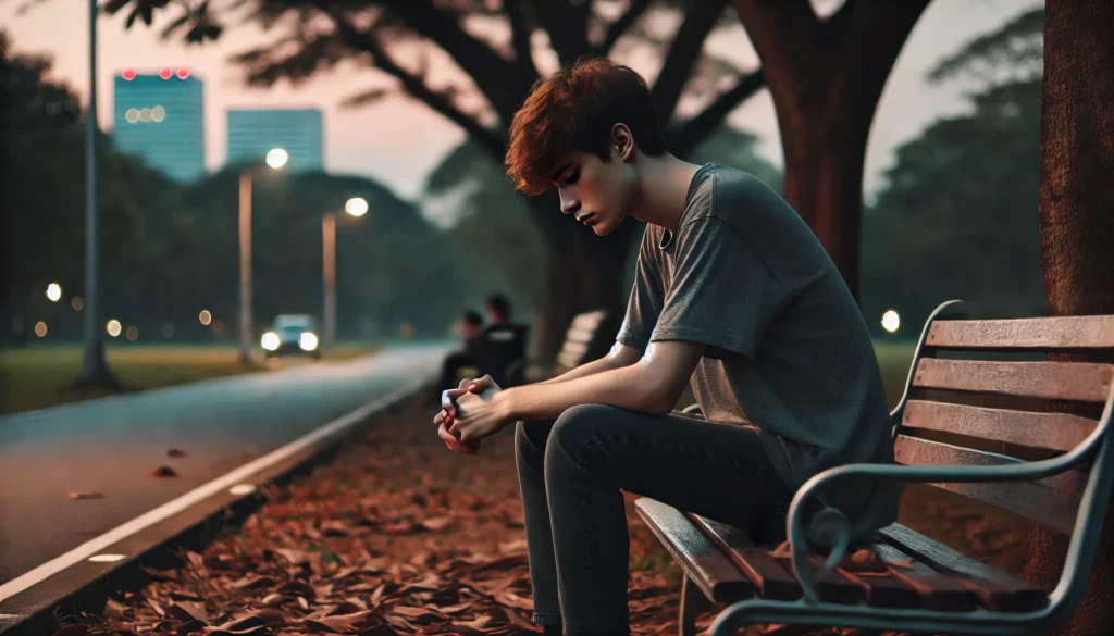 A young person sitting alone on a park bench during twilight, looking down with a thoughtful and melancholic expression. The quiet park, with fallen leaves on the ground and soft, fading light in the sky, creates a scene of solitude and introspection, emphasizing emotional distance and contemplation.