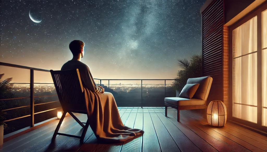 A peaceful nighttime balcony scene featuring a young adult sitting in a chair wrapped in a blanket, gazing at a starry sky. The setting includes soft ambient lighting and a distant city skyline, creating a serene atmosphere for prolonged restful sleep.