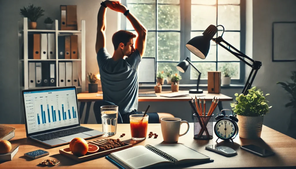 A bright, well-organized workspace with natural light, where a person stretches to stay alert after sleep deprivation. A desk with a glass of water, healthy snacks, and a coffee cup highlights hydration and energy management strategies.