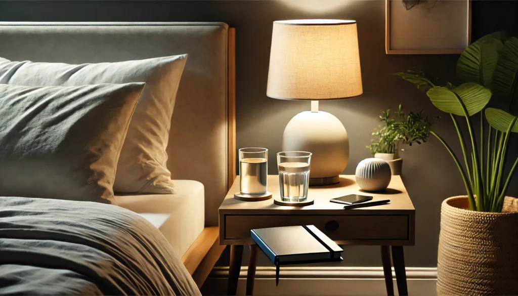 A minimalist bedroom with a nightstand holding a glass of water, a notebook, and a lamp. The tranquil ambiance underscores the role of restful sleep in effective memory retention.