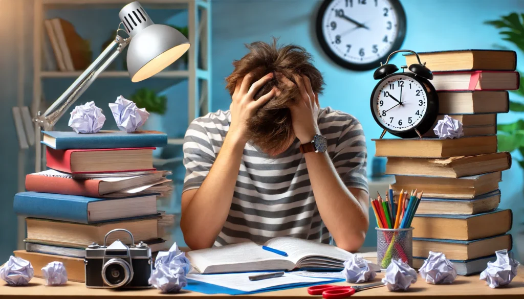 A student sitting at a desk surrounded by textbooks, papers, and a ticking clock, conveying cognitive stress from academic pressures and the overwhelming volume of tasks