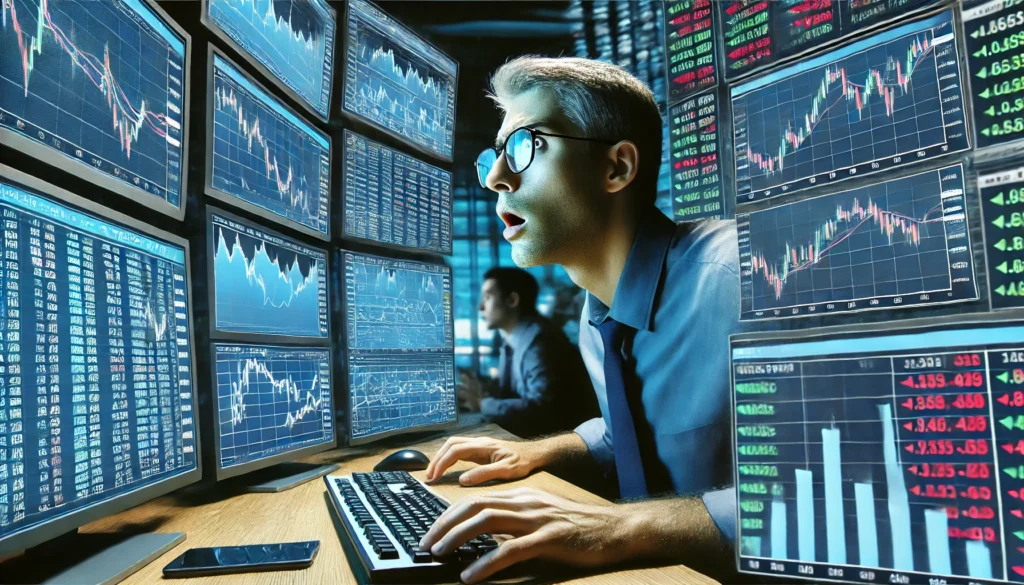 A financial trader under stress, facing fluctuating stock prices on multiple screens, highlighting cognitive stress during decision-making under time pressure