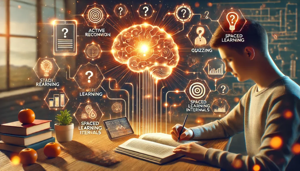 A student engaged in active recall techniques at a study desk, using a tablet with a study app. Floating visual elements depict memory retention methods, such as a glowing brain with neural pathways, a thought bubble with a question mark symbolizing self-quizzing, and an abstract timeline for spaced learning intervals. The image conveys the cognitive benefits of active recall as a memorization tool