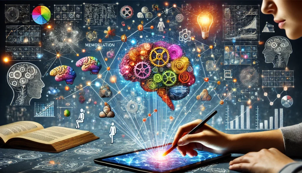 A student creating a colorful mind map on a digital tablet, with interconnected ideas branching out. Holographic projections of educational symbols, including a book, a brain with gears, and a network of connected nodes, float around the student, emphasizing structured knowledge organization. This conceptual artwork illustrates mind mapping as an effective memorization tool