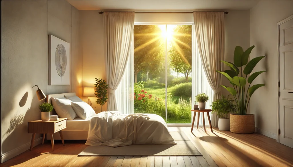 A minimalist bedroom with sunlight streaming through a large window, casting golden hues on white linens and a potted plant. The serene ambiance highlights the importance of natural light for optimizing wake-up times, with a lush garden visible outside.