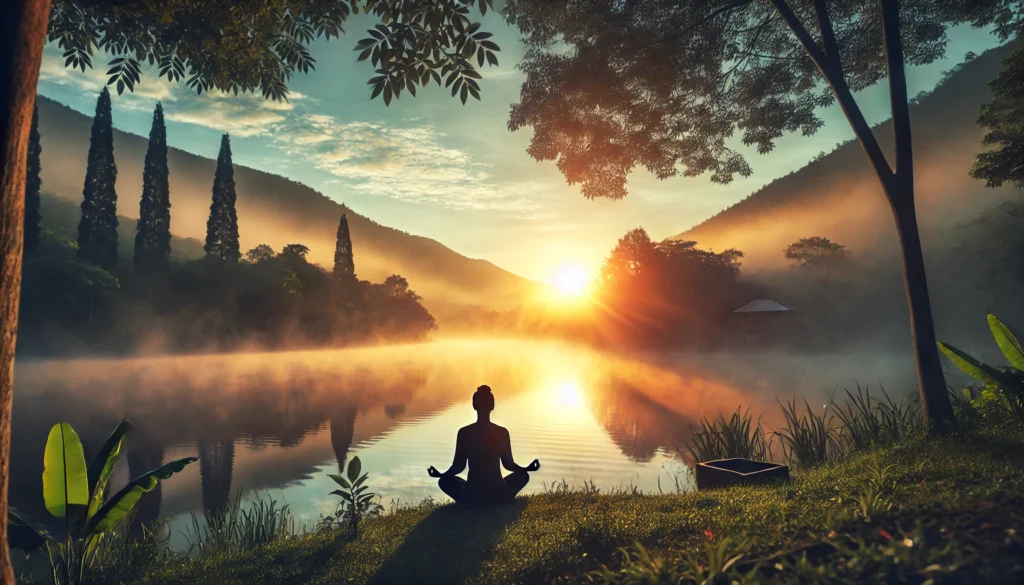 A tranquil scene at sunrise with a person meditating near a calm lake surrounded by gentle mist, emphasizing mindfulness and relaxation for preparing the mind and body for restful sleep.