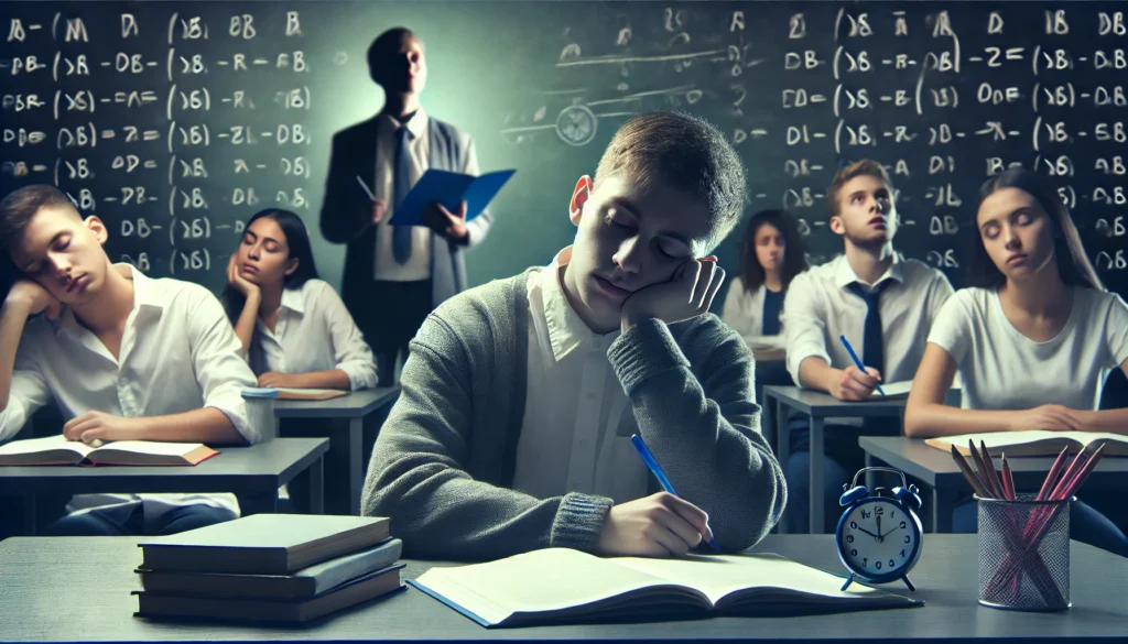 A dramatic image of a fatigued student struggling to keep their eyes open while taking notes in a classroom, contrasted against alert classmates, illustrating the effects of poor sleep on academic performance and focus.