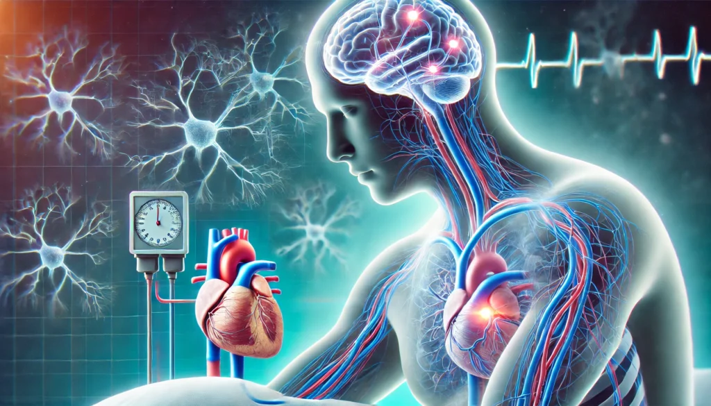 A scientific conceptual artwork displaying the autonomic nervous system's role in blood pressure regulation during sleep, highlighting neural pathways between the brain, heart, and blood vessels.