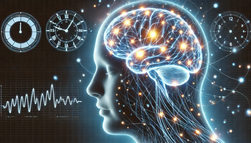 A conceptual illustration of the human brain with glowing neural pathways, representing the circadian rhythm's role in regulating wakefulness. The visual highlights the biological clock's influence on sleep-wake cycles.