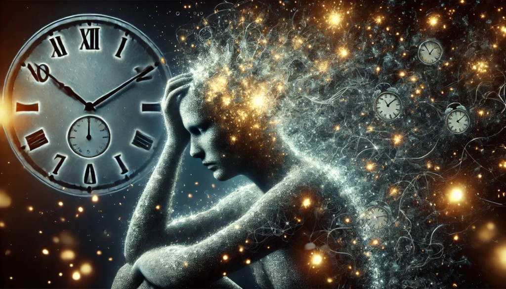 A surreal image of a tired human figure dissolving into glowing particles, symbolizing the effects of sleep deprivation on cognitive function, with a dark background featuring faint clock faces.