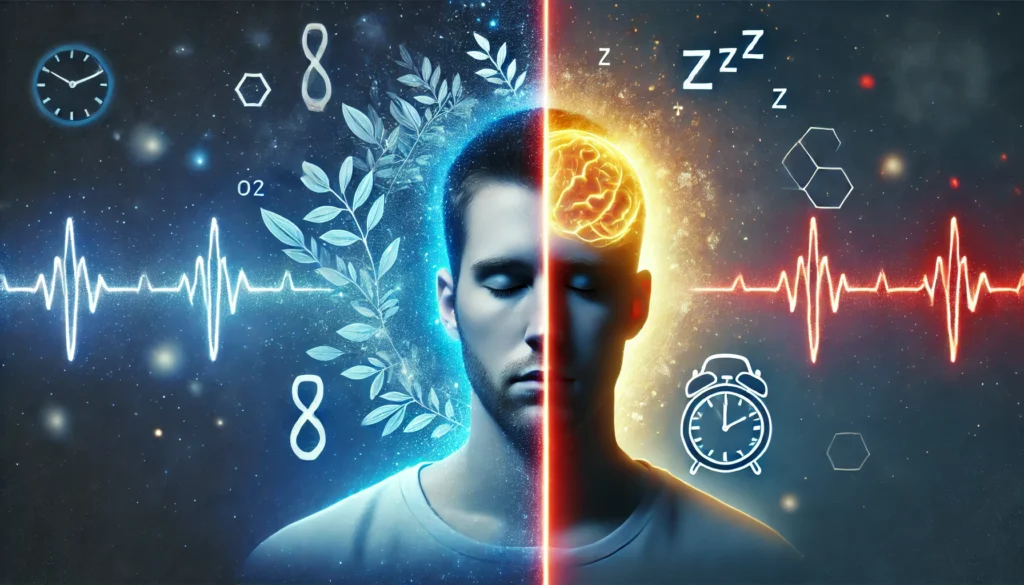 A conceptual image showing one side with a person sleeping peacefully, symbolizing healthy metabolism and weight regulation, while the other side depicts the same person sleep-deprived, with sluggish energy flow and weight gain indicators, illustrating the impact of sleep quality on metabolism and weight management. No text or symbols are present in the image.