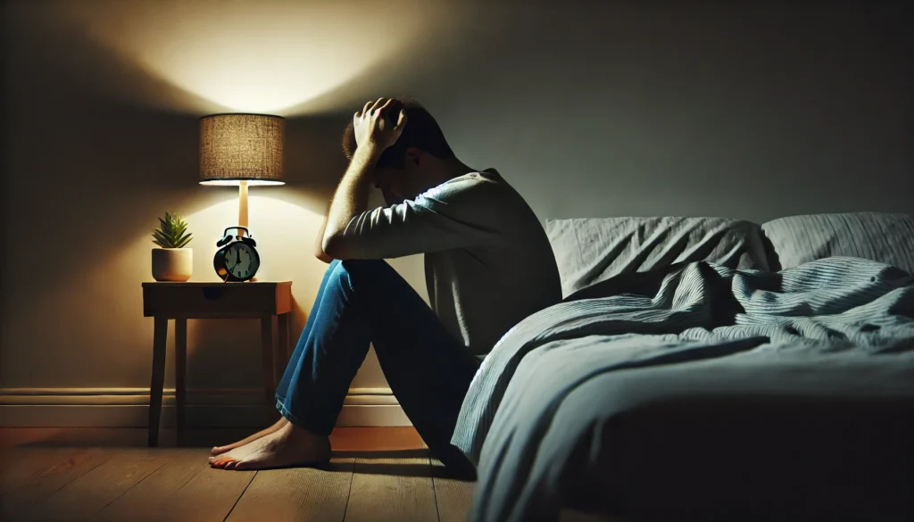 A person sitting on the edge of a bed, holding their head in their hands with a distressed expression. The dimly lit room emphasizes the emotional exhaustion and frustration caused by sleep deficiency.