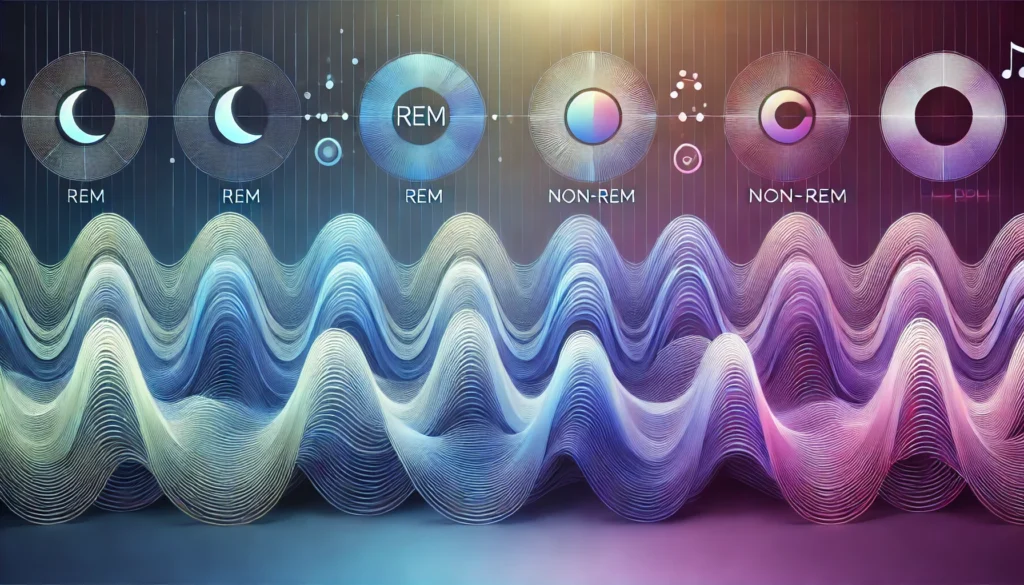 An artistic visualization of sleep stages, represented by overlapping waves and gradients transitioning from light blue to deep purple. Symbolic icons for REM and non-REM phases illustrate the progression and flow of the sleep cycle.