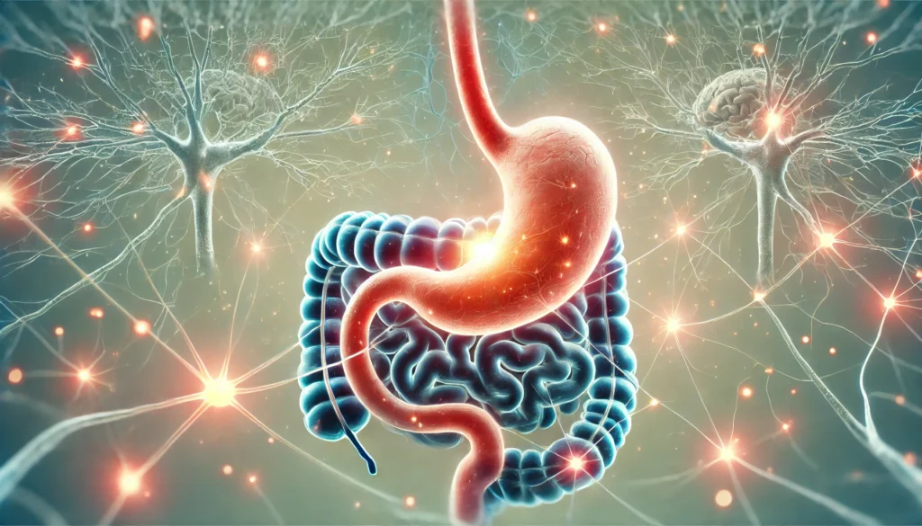 A conceptual illustration of the gut-brain connection, showing neural pathways linking the stomach and brain with a glowing effect. This artistic representation highlights the role of neurotransmitters in digestion and emotional well-being.