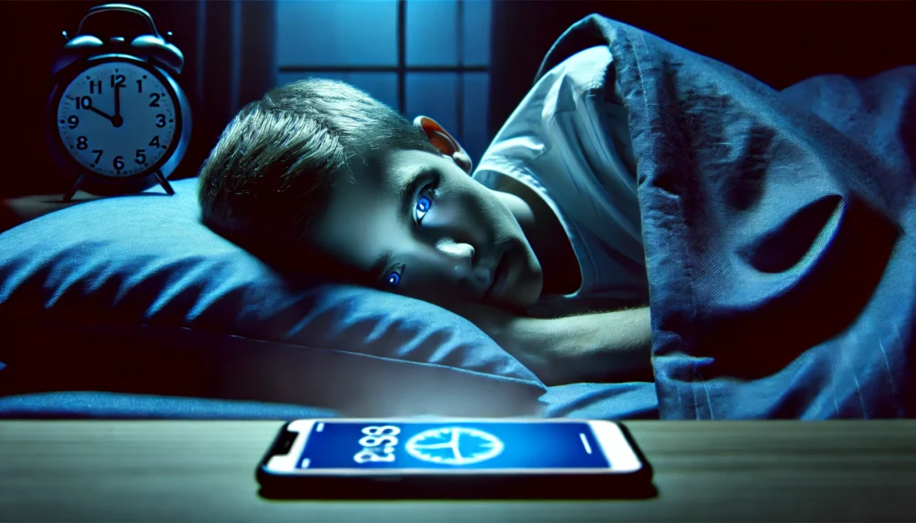 A conceptual image of a student lying awake in bed, staring at their phone screen with tired eyes, with a dimly lit room and a blue glow from the phone, symbolizing the effects of screen time on sleep deprivation and disrupted sleep cycles.