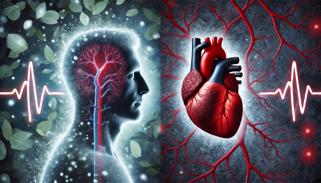 A conceptual image showing one side with a well-rested person and a strong, glowing red heart, while the other side features a sleep-deprived individual with a weakened, stressed heart surrounded by dark veins, illustrating the increased risk of heart disease and hypertension due to chronic sleep loss. No text or symbols are present in the image.