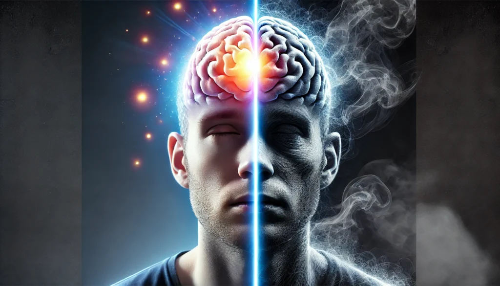 A conceptual image showing one side with a well-rested individual and a glowing brain, symbolizing clarity and focus, while the other side depicts the same person sleep-deprived with a dark, foggy brain, illustrating cognitive decline and mental fatigue due to chronic sleep loss. No text or symbols are present in the image.