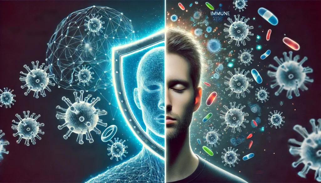 A conceptual image showing one side with a well-rested individual holding a strong, glowing shield symbolizing a healthy immune response, while the other side depicts a sleep-deprived person with a weakened, fading shield surrounded by virus-like particles, illustrating increased vulnerability to illnesses due to chronic sleep loss. No text or symbols are present in the image.