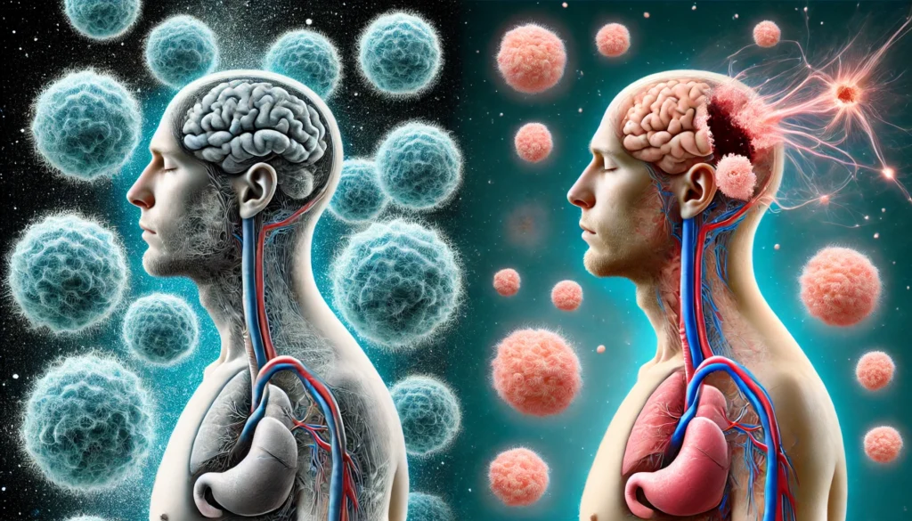 A conceptual image showing one side with a well-rested individual whose body actively suppresses abnormal cell growth, while the other side depicts a sleep-deprived person with visible tumor-like formations growing, illustrating how lack of sleep may contribute to cancer progression. No text or symbols are present in the image.