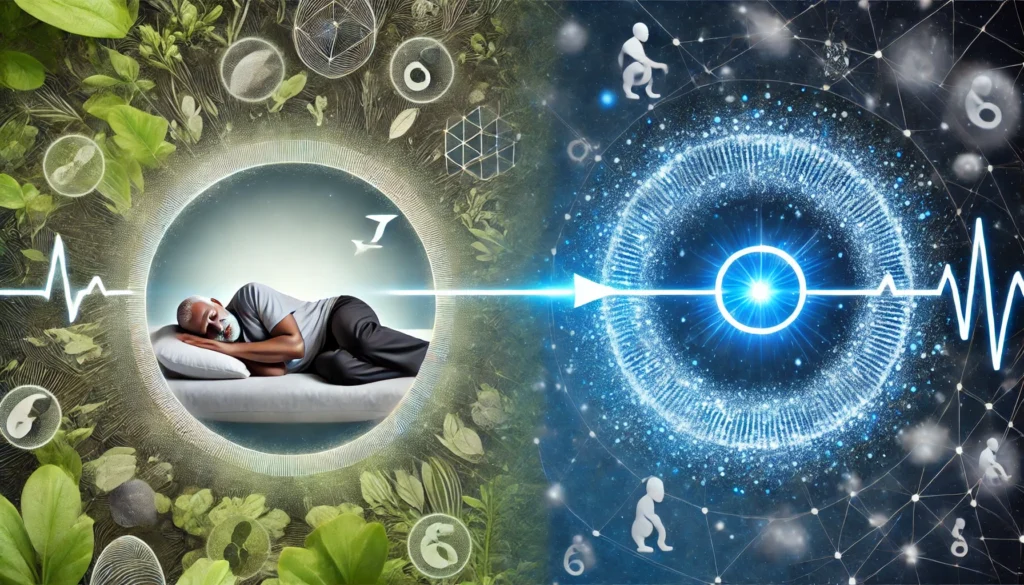 A conceptual image showing one side with a person sleeping soundly, symbolizing a glowing, efficient metabolism, while the other side depicts a sleep-deprived individual with sluggish energy flow and fat accumulation, illustrating how sleep affects metabolic efficiency and weight loss. No text or symbols are present in the image.