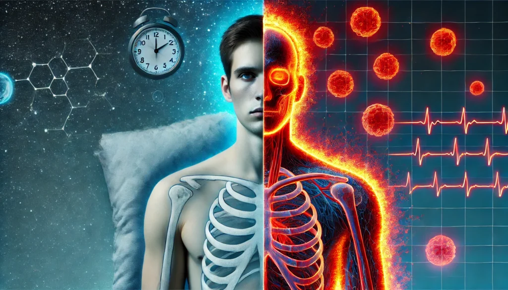 A conceptual image showing one side with a well-rested person having a calm, balanced body environment, while the other side depicts a sleep-deprived individual with an inflamed, stressed body represented by glowing red areas, symbolizing chronic inflammation and its role in cancer risk. No text or symbols are present in the image.