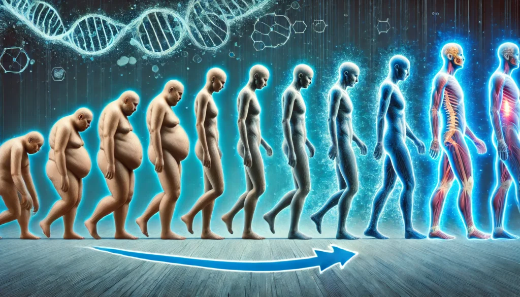 A conceptual image showing the progression from a well-rested individual maintaining a healthy weight to a sleep-deprived person experiencing gradual weight gain, visually represented through changes in posture, energy levels, and body composition, emphasizing the cumulative impact of poor sleep on obesity. No text or symbols are present in the image.