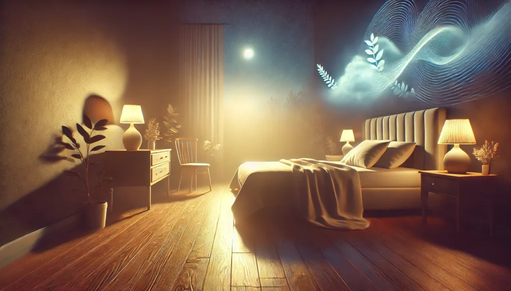 A calming yet mysterious nighttime bedroom scene with an ethereal glow, representing the unknown aspects of amnesia sleep. The soft lighting and shadows create a dreamlike, slightly surreal atmosphere.