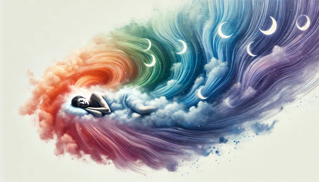 A surreal and artistic representation of sleep stages, depicting a peaceful sleeping figure surrounded by soft, flowing colors symbolizing the transition from deep sleep to REM sleep in a dreamlike atmosphere.