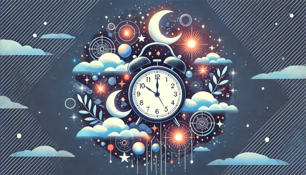 A conceptual illustration of a clock encircled by floating stars and moons, symbolizing the harmony and balance of proper sleep schedules with the natural passage of time.